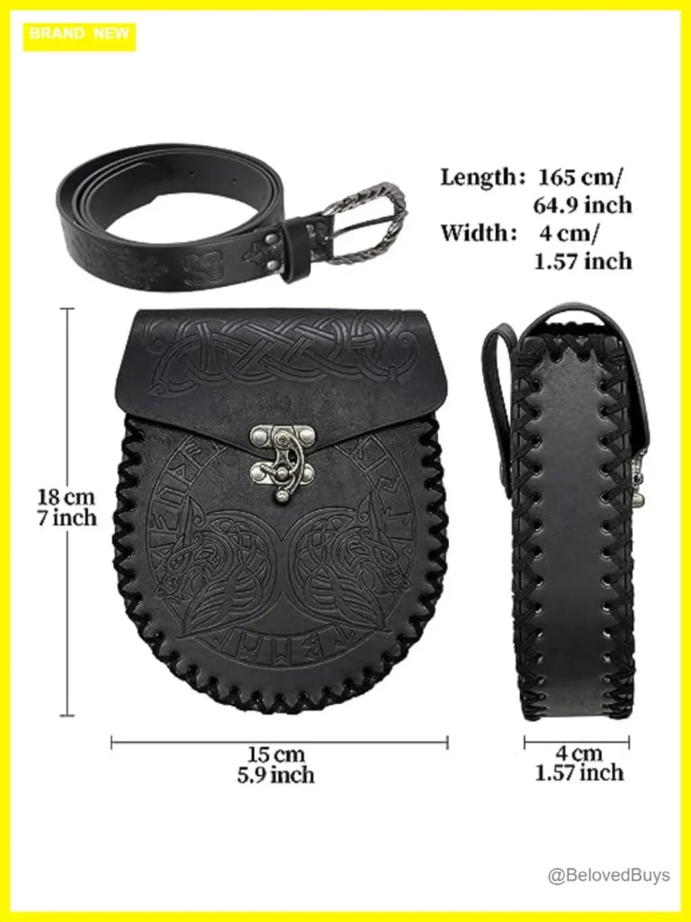 Medieval Embossed Faux Leather Belt with Nordic Pouch Set